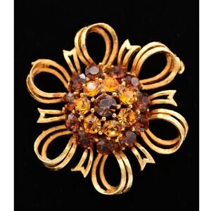 Lisner Vintage Flower Pin Brooch Rhinestone Crystal Chocolate Gold Signed Bin5B